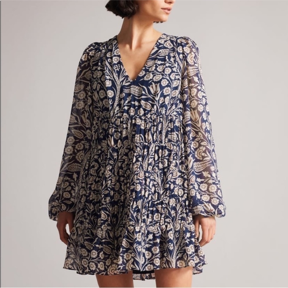 TED BAKER LONDON Tarissa Tiered Long Sleeve Mini Dress Sz 2